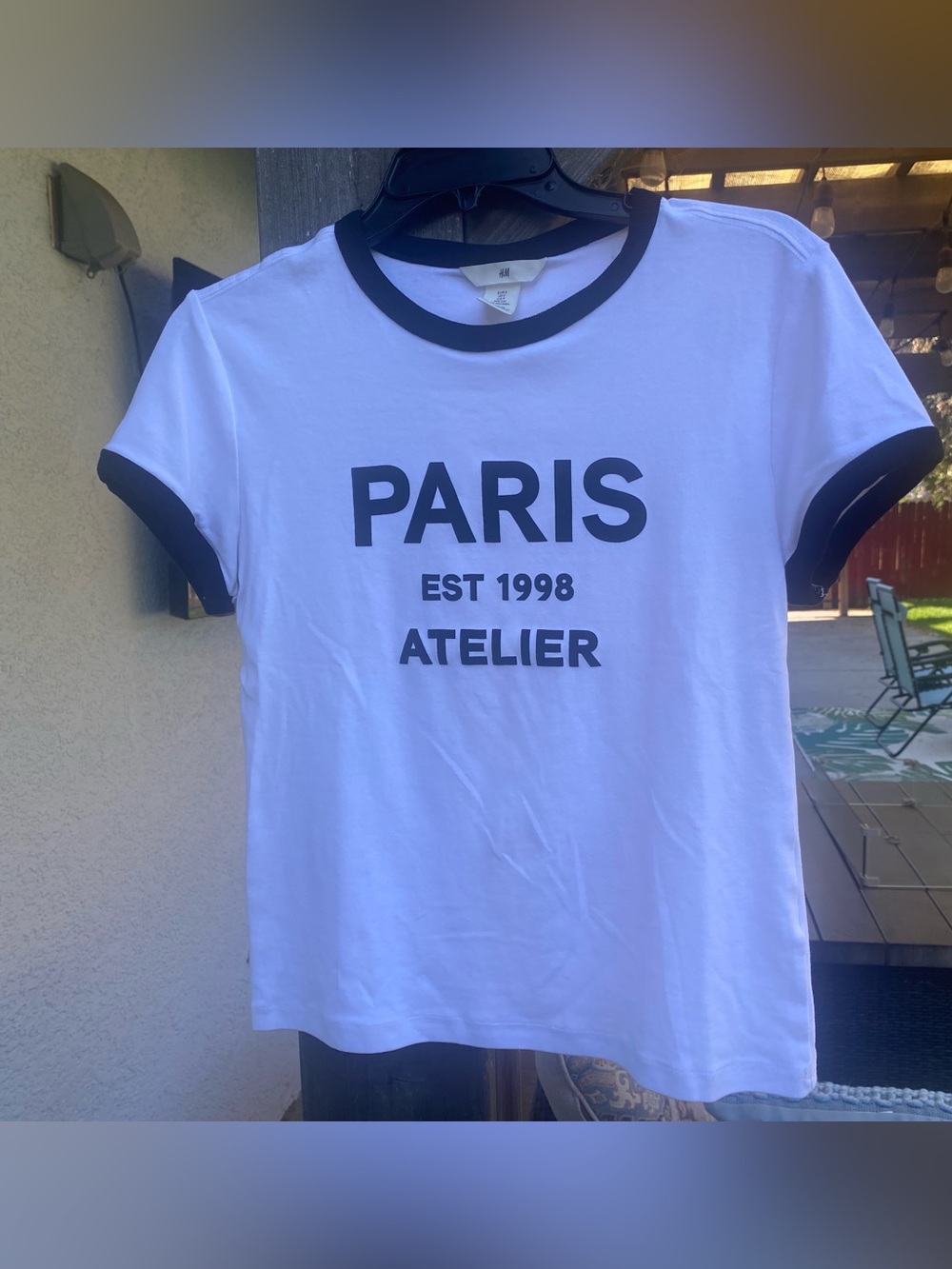 H&M White Tee with Black Ringer Trim and PARIS ATELIER Print